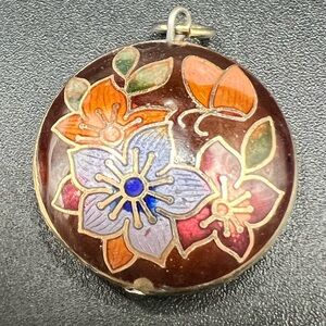Vintage Cloisonne Round Pendant Charm Butterfly Flowers Floral Brown Enamel
